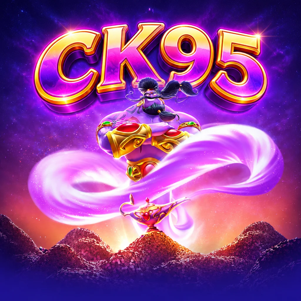 โลโก้ CK95 พร้อมภาพยักษ์จีนี่สีม่วงลอยออกมาจากตะเกียงวิเศษเหนือเนินสมบัติในเกม Genie's 3 Wishes